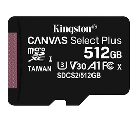ფლეშ მეხსიერების ბარათი KINGSTON FLASH CARD 512GB MICROSDXC CANVAS SELECT PLUS 100R A1 C10 (SDCS2/512GBSP) ( SINGLE PACK W/O ADAPTER)iMart.ge