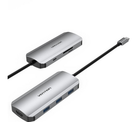 ბარათის წამკითხველი VENTION TOJHB USB-C TO HDMI/USB 3.0X3/SD/TF/PD DOCKING STATION GRAY 0.15MiMart.ge