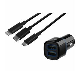 მანქანის USB დამტენი CAR CHARGER DUAL USBx2.1A + CABLE 3 IN 1 (USB--MICRO/LIGHTNING/TYPE C)iMart.ge