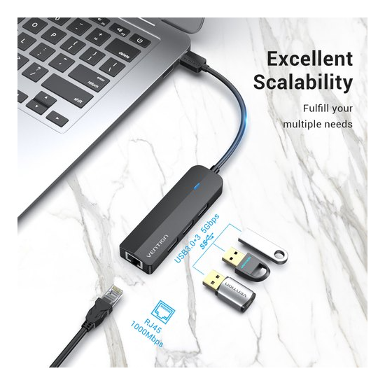 USB ჰაბი VENTION CHPBB 3-PORT USB 2.0 HUB WITH 100M ETHERNET ADAPTER 0.15M BLACKiMart.ge