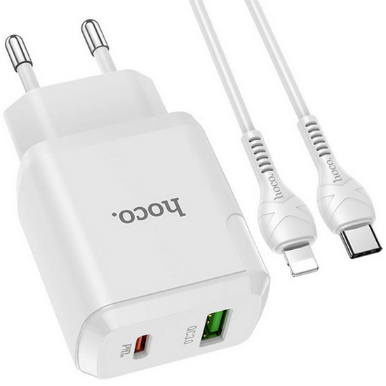 დამტენი HOCO N5 FAVOR DUAL PORT PD20W+QC3.0 CHARGER SET TYPE-C TO LIGHTNING EU WHITEiMart.ge