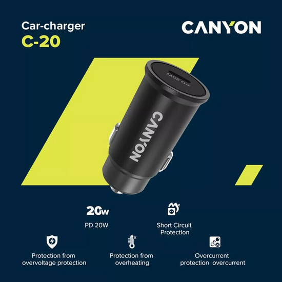 მანქანის დამტენი CANYON CNS-CCA20B 20W USB TYPE-C BLACKiMart.ge