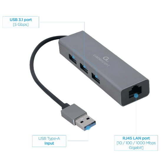 USB-A ჰაბი GEMBIRD A-AMU3-LAN-01 SILVER (17 CM)iMart.ge