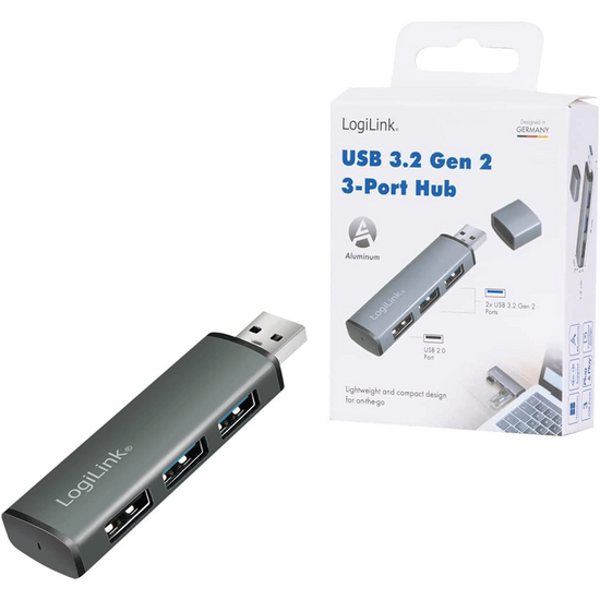 USB-A ჰაბი LOGILINK UA0395 USB 3.2 GEN2 3-PORT HUB WITH ALUMINUM CASINGiMart.ge