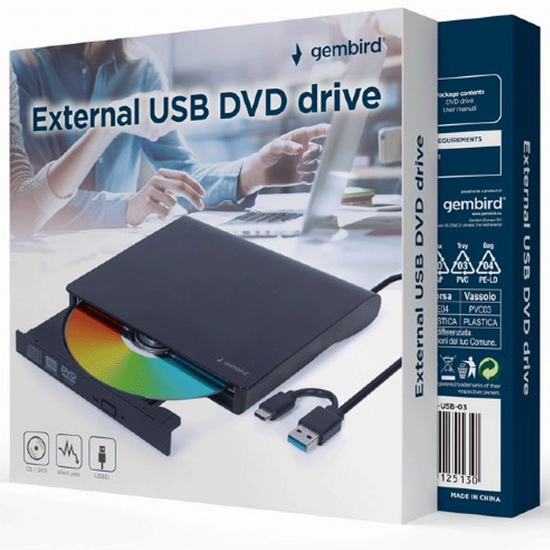 ოპტიკური დისკწამყვანი GEMBIRD DVD-USB-03 EXTERNAL USB DVD DRIVE BLACKiMart.ge