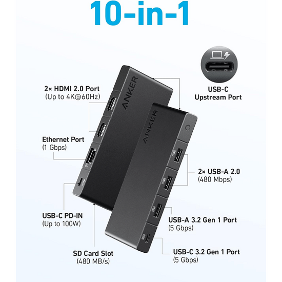 USB-C ჰაბი ANKER 364 A83A2G11 (10-IN-1) BLACKiMart.ge