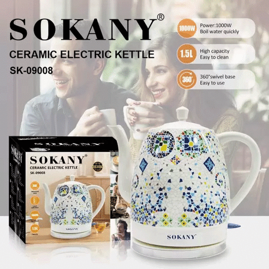 კერამიკის ელექტრო ჩაიდანი SOKANY SK-09008 (1000W, 1.5L)iMart.ge