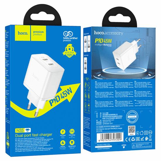 დამტენის ადაპტერი HOCO N35 STREAMER DUAL-PORT PD45W (2C) WHITEiMart.ge