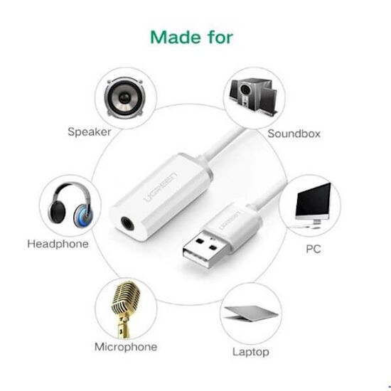 ხმის ბარათი UGREEN US206 (30712) USB A MALE TO  3.5 MM  AUX  CABLE (WHITE) 2 IN 1 EXTERNAL SOUND CARD  3.5mm USB AUDIO ADAPTER INTERFACE SELFIE STICK FOR IPHONE EARPODS  HEADPHONES CABLE COMPUTER SOUND CARD WITH USB INTERFACEiMart.ge