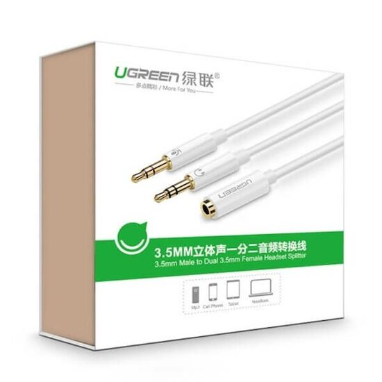 AUX კაბელი UGREEN AV140 (20897) 3.5mm Female to 2 Male Headphone Mic Audio Y Splitter Cable - WhiteiMart.ge