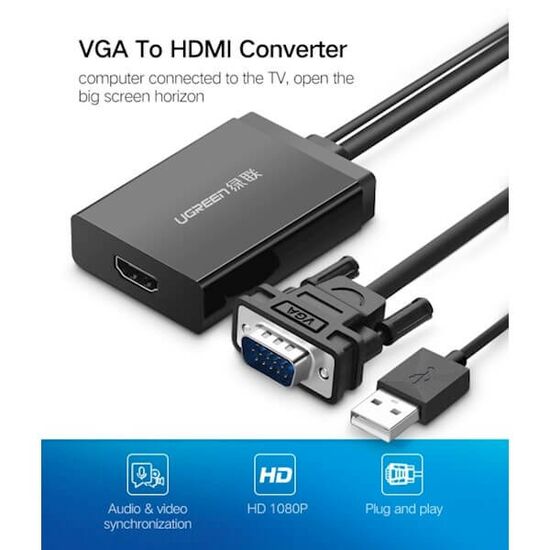 ადაპტერი UGREEN MM106 (40213) VGA + USB Audio to HDMI Converter 0.5m (Black)iMart.ge