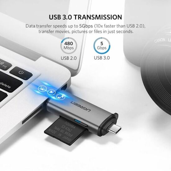 ბარათების წამკითხველი UGREEN  50706 Card Reader USB 3.0 SD/Micro SD TF OTG Card Adapter for Laptop USB 3.0 Type-CiMart.ge