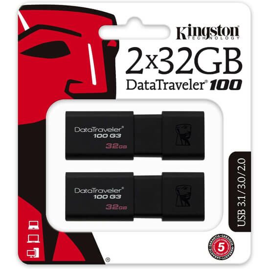 USB ფლეშ მეხსიერება KINGSTON DT100G3 2 Pack Black (32 GB) (DT100G3/32GB-2P)iMart.ge
