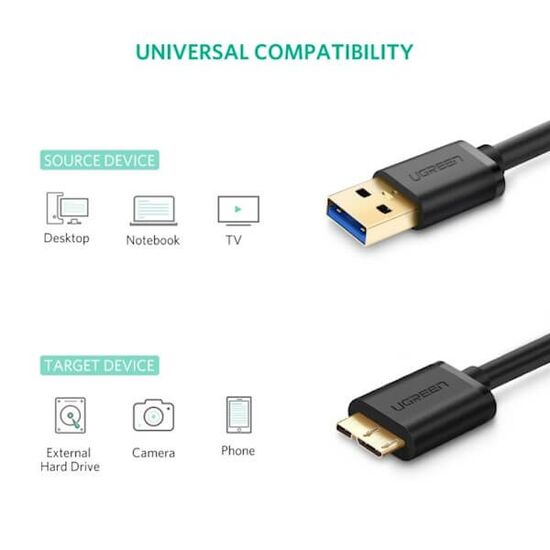 Micro USB კაბელი UGREEN US130 (10840) USB 3.0 A Male to Micro-B Male USB 3.0 Cable 0.5m (Black)iMart.ge