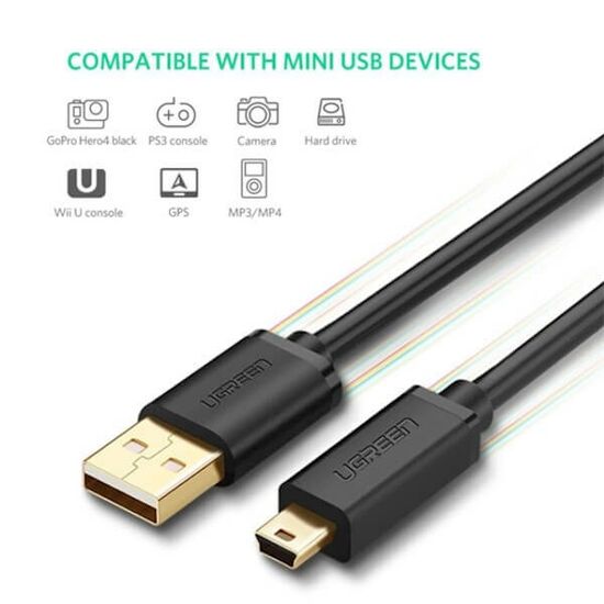 USB კაბელი UGREEN US132 (10386) USB 2.0 A Male to Mini 5 Pin Male Cable 3m (Black)iMart.ge
