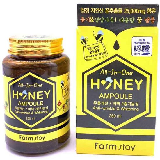 კორეული წარმოების ნაოჭების საწინააღმდეგო, მათეთრებელი თაფლის სახის შრატი FARM STAY HONEY AMPOULE PROPOLIS, ROYAL JELLY, ANTI-WRINKLE, WHITENING ALL-IN-ONE  250მლiMart.ge