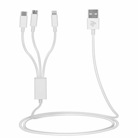 USB კაბელი CABLE 2E USB 3 IN 1 MICRO/LIGHTNING/TYPE C, 5V/2.4A, WHITE,1.2 MiMart.ge