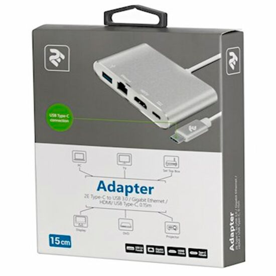 ადაპტერი 2E ADAPTER TYPE C TO USB 3.0+GIGABIT ETHERNET+HDMI+USB TYPE C, 0.15 M, SILVERiMart.ge