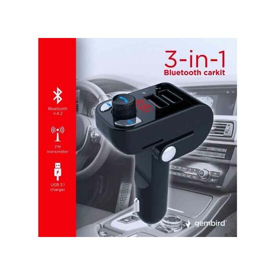 FM- რადიო გადამცემი GEMBIRD CABLE 3-in-1 BLUETOOTH CARKIT WITH FM-RADIO TRANSMITTER AND USB 3.1 A CHARGER,  BLACK BTT-02.iMart.ge